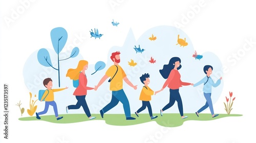 Happy family of five walking in park.