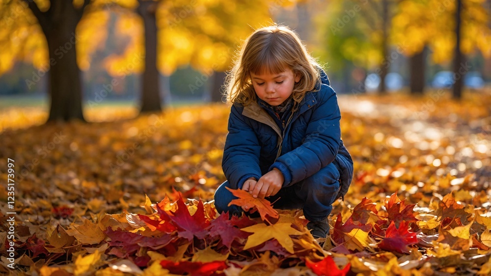 Exploring the vibrant autumn landscape as a young child gathers colorful leaves in a sunlit park during a cheerful afternoon Exploring the vibrant autumn landscape as a young child gathers colorful leaves in a sunlit park during a cheerful afternoon