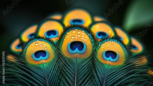 Close-up peacock feathers, vibrant colors, water droplets, lush background