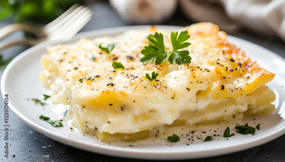 Potato gratin with cream, cheese and parsley on white plate Potato gratin with cream, cheese and parsley on white plate