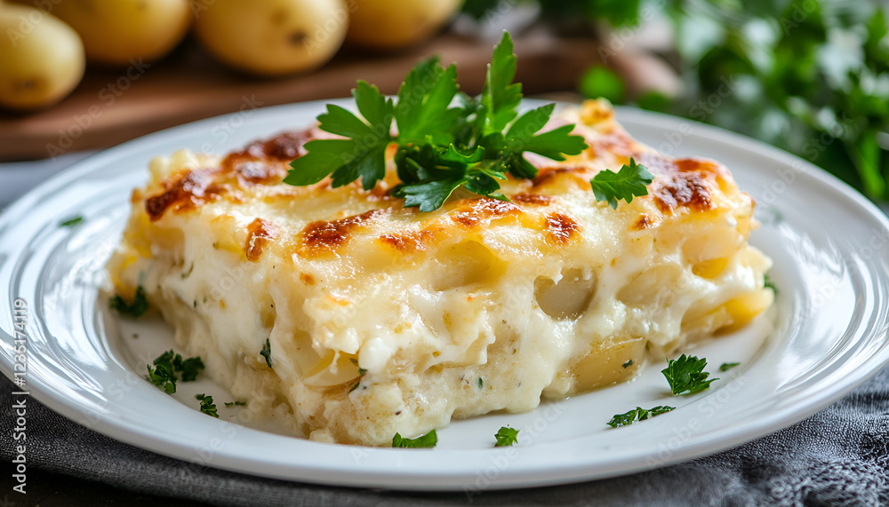 Potato gratin with cream, cheese and parsley on white plate Potato gratin with cream, cheese and parsley on white plate