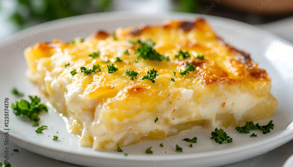 Potato gratin with cream, cheese and parsley on white plate Potato gratin with cream, cheese and parsley on white plate