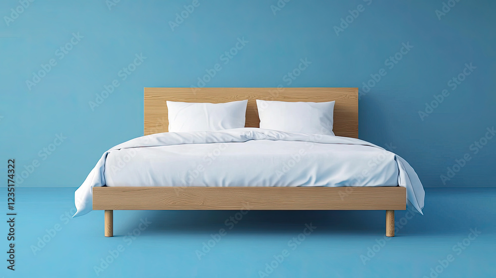 Obraz premium Minimalist Wooden Bed with White Bedding Against a Blue Wall in a Modern Interior