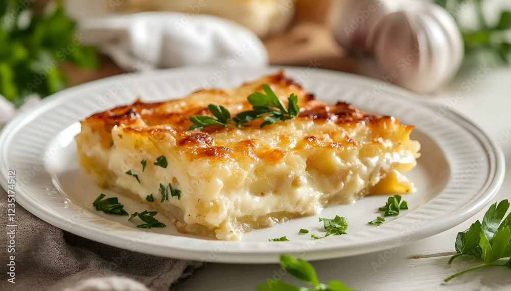 Potato gratin with cream, cheese and parsley on white plate Potato gratin with cream, cheese and parsley on white plate