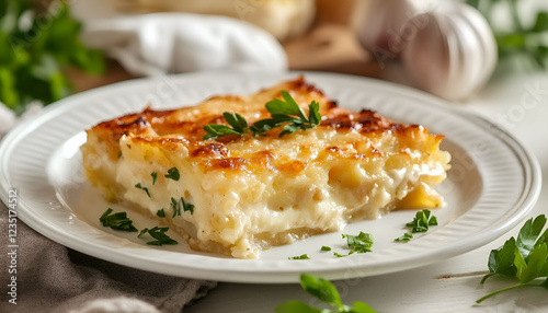 Potato gratin with cream, cheese and parsley on white plate