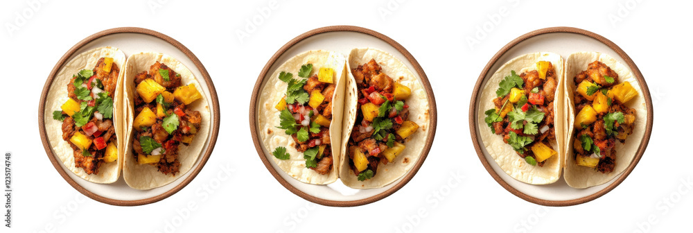 Three plates of tacos with pineapple and cilantro on transparent background png Three plates of tacos with pineapple and cilantro on transparent background png