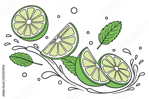 Vibrant lime slices, Water splashes, Fresh mint leaves, Bright green citrus, High-contrast photography, White background, Droplets, Refreshing, Zesty, Close-up, Floating fruit, Dynamic composition, Cr