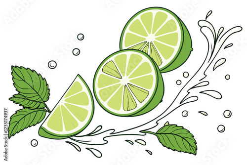 Vibrant lime slices, Water splashes, Fresh mint leaves, Bright green citrus, High-contrast photography, White background, Droplets, Refreshing, Zesty, Close-up, Floating fruit, Dynamic composition, Cr