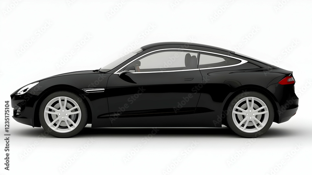 Sleek black coupe, side view, studio shot, white background, automotive advertising Sleek black coupe, side view, studio shot, white background, automotive advertising