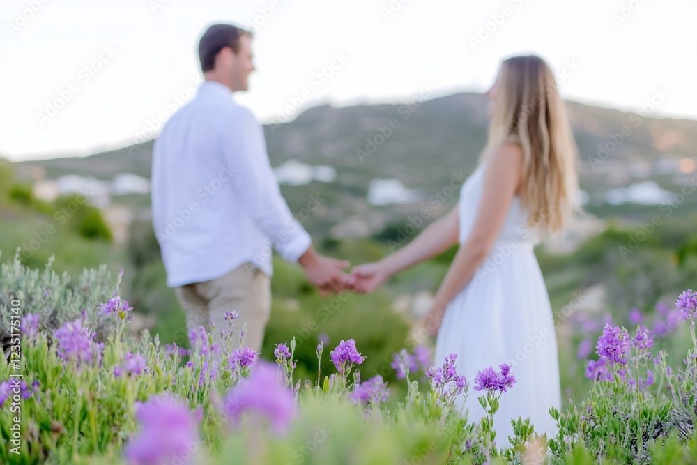 Couple holding hands, lavender field, hillside view, romance Couple holding hands, lavender field, hillside view, romance