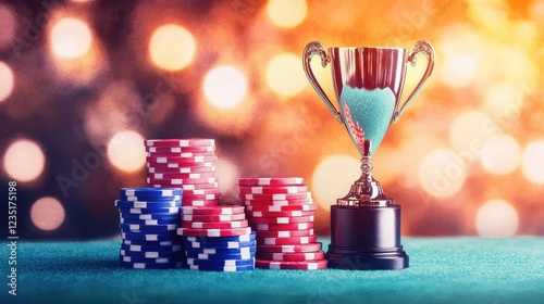 A sparkling trophy stands atop a stack of colorful poker chips, symbolizing victory in a vibrant casino atmosphere. photo