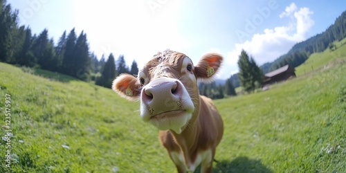 Curious cow in alpine pasture, sunny day