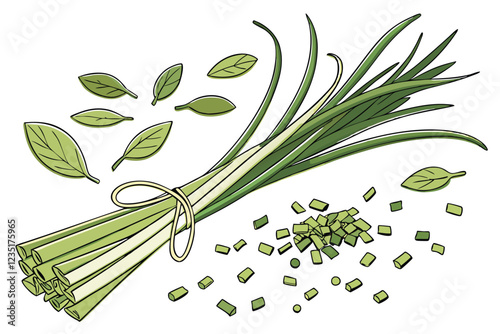 Fresh chopped herbs, vibrant green chives, aromatic garnish, culinary ingredients, macro photography, white background, crisp detail, organic texture, scattered leaves, culinary art, fresh produce, g