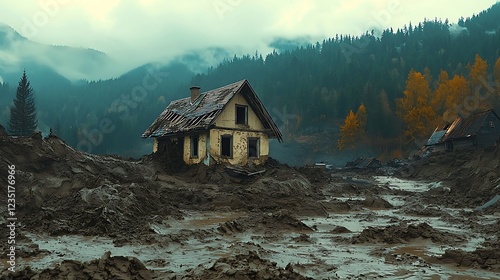 Fototapeta Naklejka Na Ścianę i Meble -  A house buried halfway in mud after a landslide, symbolizing the destructive power nature.