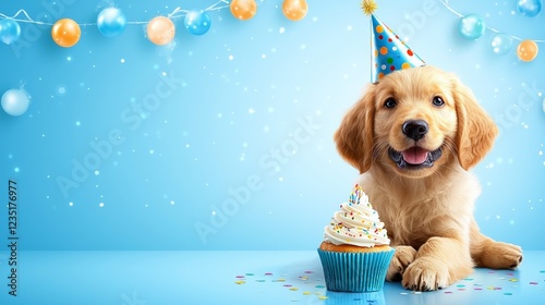 Golden retriever puppy celebrates birthday with cupcake and party hat