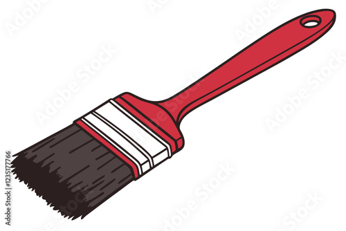 Photograph of a red bristle brush with a red plastic handle and a red plastic grip on the end of the handle. The brush head is filled with black bristles and the bristles are densely packed and appear