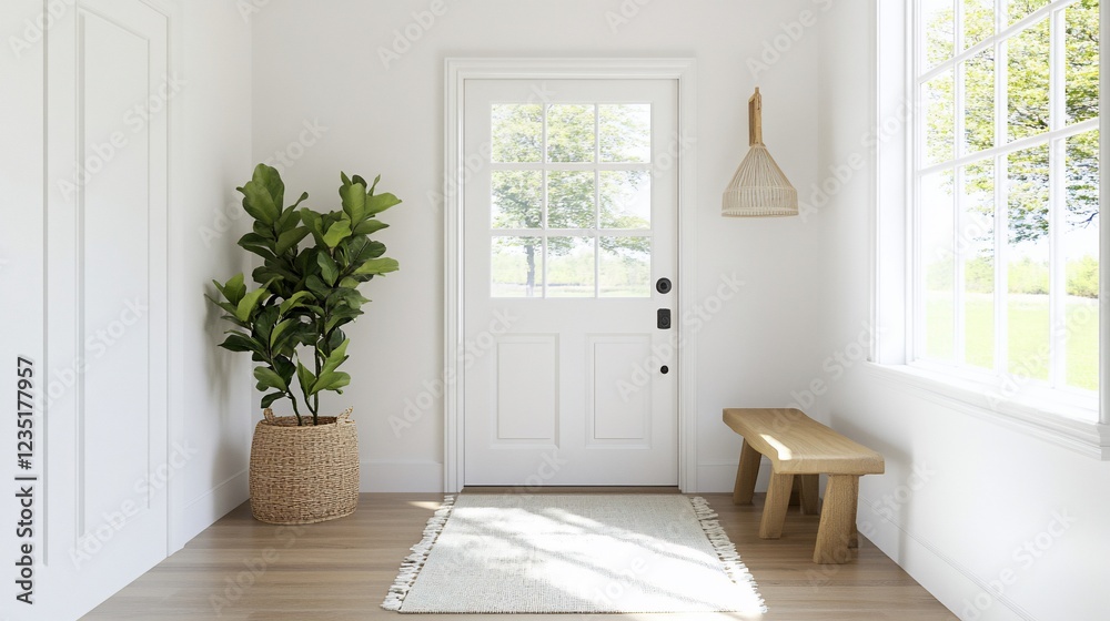Bright entryway, plant, bench, sunlight, minimal design, home decor Bright entryway, plant, bench, sunlight, minimal design, home decor