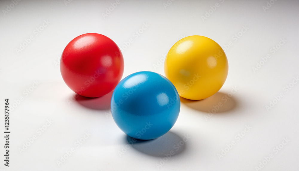 Three vibrant juggling balls in red, blue, and yellow arranged on a clean white surface Three vibrant juggling balls in red, blue, and yellow arranged on a clean white surface