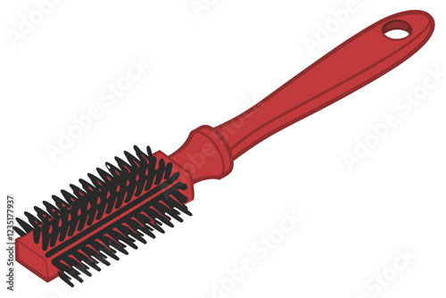 Photograph of a red bristle brush with a red plastic handle and a red plastic grip on the end of the handle. The brush head is filled with black bristles and the bristles are densely packed and appear