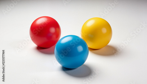 Three vibrant juggling balls in red, blue, and yellow arranged on a clean white surface