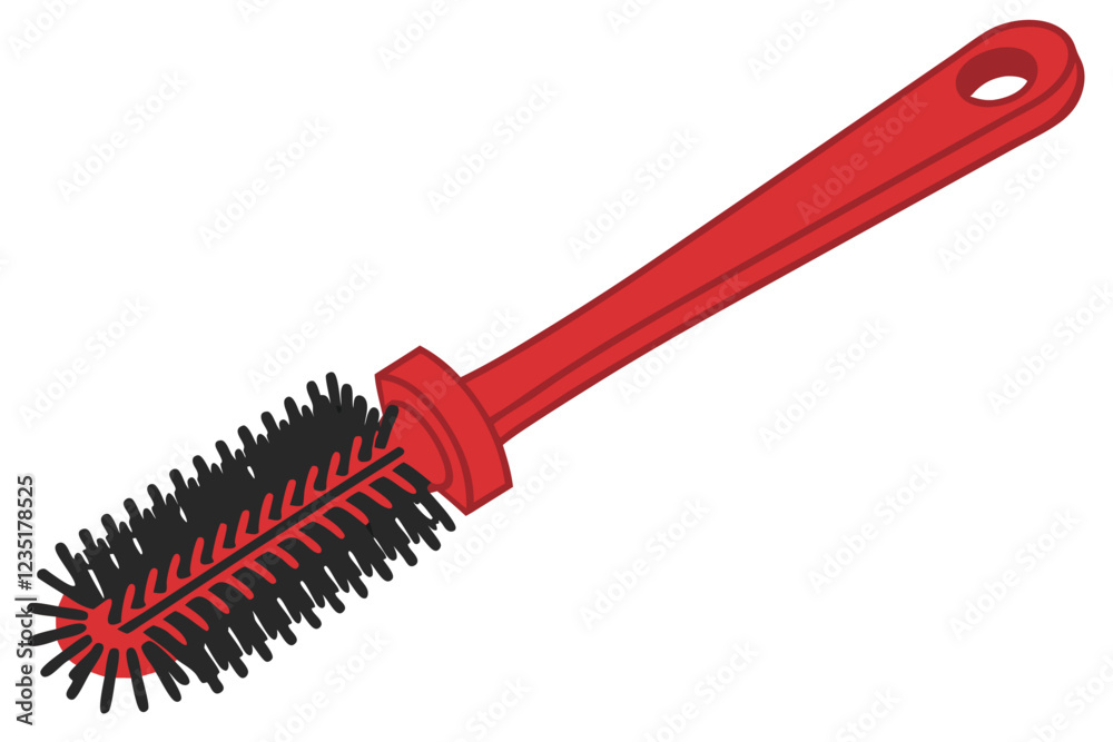 Photograph of a red bristle brush with a red plastic handle and a red plastic grip on the end of the handle. The brush head is filled with black bristles and the bristles are densely packed and appear Photograph of a red bristle brush with a red plastic handle and a red plastic grip on the end of the handle. The brush head is filled with black bristles and the bristles are densely packed and appear