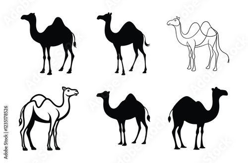 Camel Silhouette, Camel Isolated On White Background, Camel on black and white vector design, Desert and Wildlife