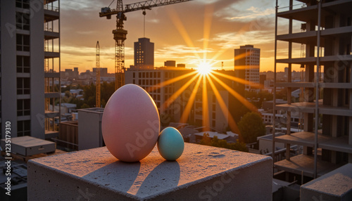 Pastel-colored Easter eggs on concrete block at construction site during sunrise