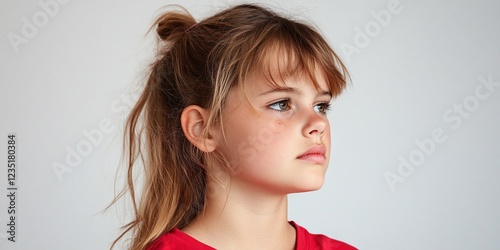 Girl, pensive expression, studio, simple background, child portrait photo