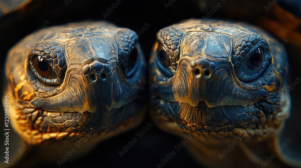 Fototapeta premium Close-up Portrait of Two Tortoises Showcasing Intricate Shell Patterns and Detailed Facial Expressions, Celebrating the Natural Beauty of These Remarkable Reptiles