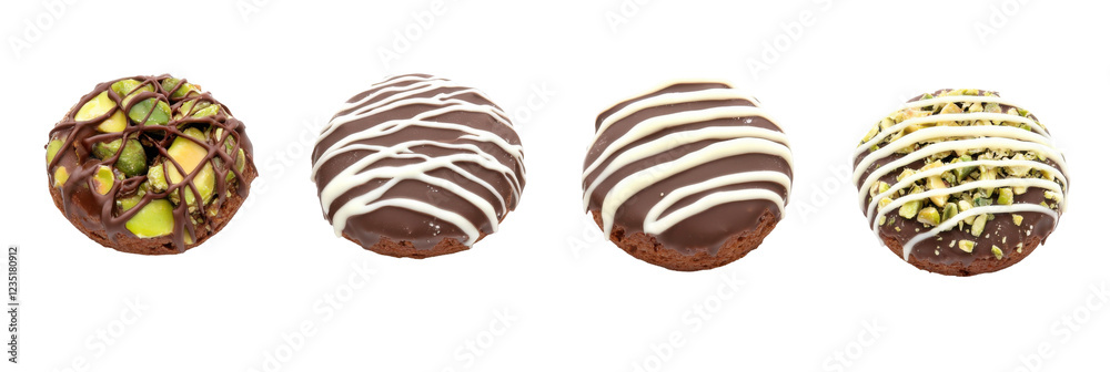 Four assorted chocolate-covered donuts with unique toppings and colorful decorations png Four assorted chocolate-covered donuts with unique toppings and colorful decorations png