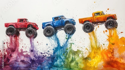 Dynamic Watercolour Border Featuring Monster Trucks on Trampolines Covered in Mud for an Action-Packed Adventure Theme photo