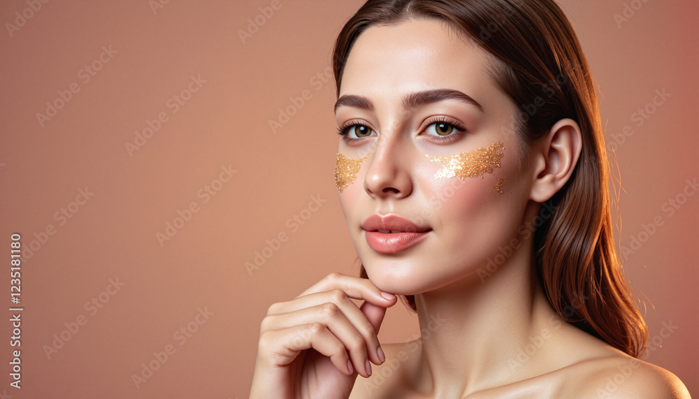 Dreamy young woman with golden glitter on her face, glowing skin, and soft light Dreamy young woman with golden glitter on her face, glowing skin, and soft light