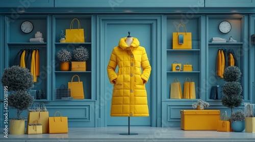 3D Rendering of Yellow Coat and Shopping Bags Inside Smartphone for Online Retail Ad