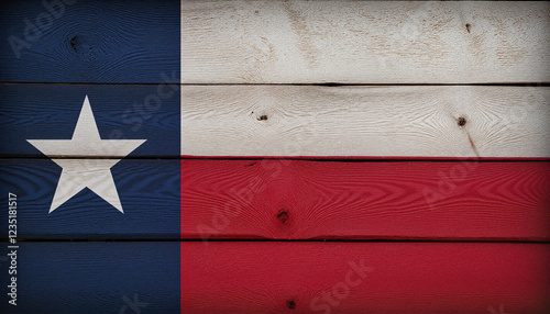 Close-up of the Texas flag painted on weathered wooden wall, showcasing rustic patriotism