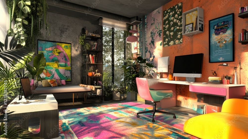 custom made wallpaper toronto digitalA modern and colorful home office with a large window, plants, and a pink desk.