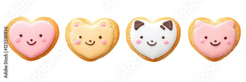 Cute heart-shaped cookies with animal faces and colorful icing png