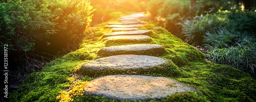 A peaceful forest pathway with vibrant moss-covered stones and soft sunlight