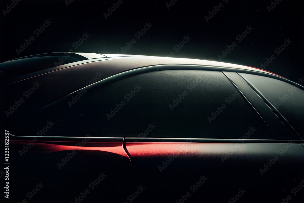 Fototapeta premium Sleek car silhouette with glowing taillights against a dark background, automotive design concept 