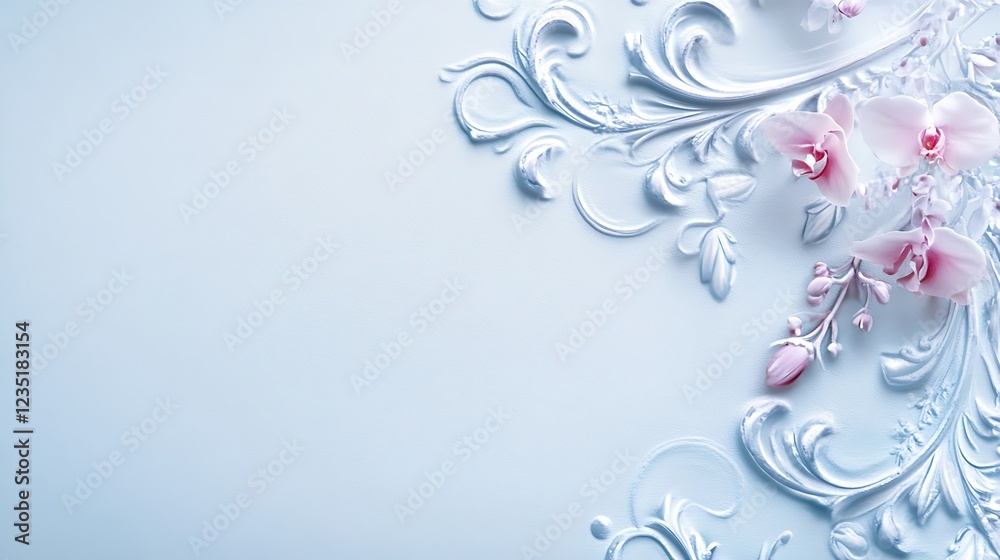 Delicate Pink Orchids Adorn Elegant Blue Ornate Design Delicate Pink Orchids Adorn Elegant Blue Ornate Design