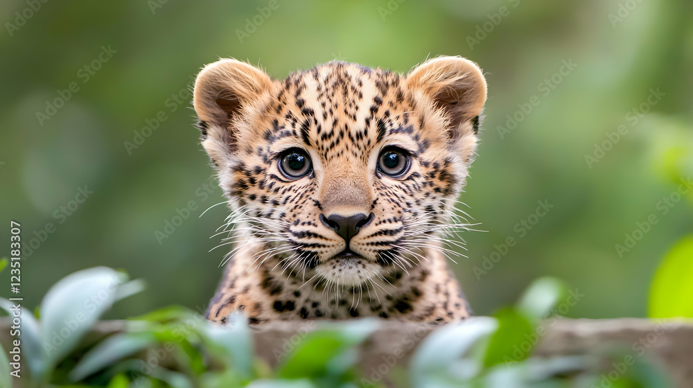 Obraz premium Leopard cub looks directly at the camera from behind green foliage in a lush forest.