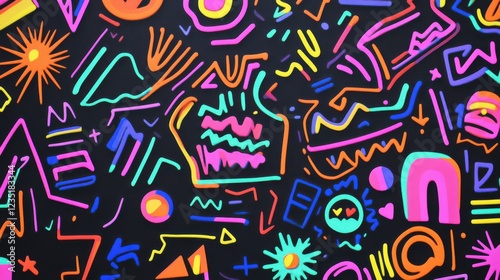 Vibrant Neon Abstract Shapes on Dark Background for Creative Design