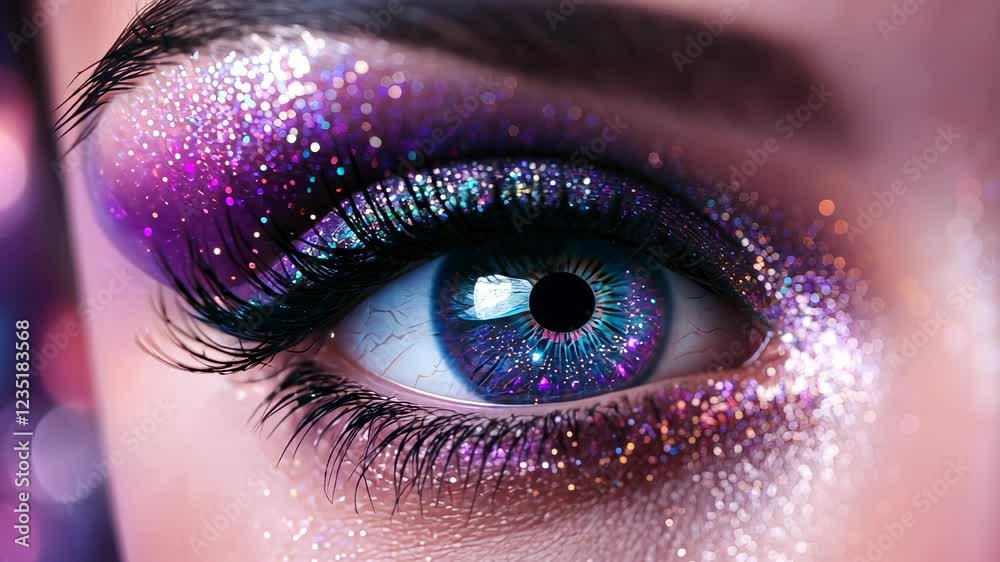 Beauty Close up portrait of model woman with creative glitter makeup, macro long eyelashes and blue eye looking down fashion video 4k