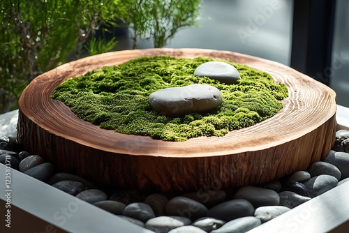 A round wooden disc atop mossy stones showcases naturea??s earthy elegance photo