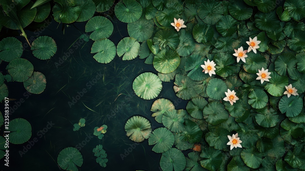 Tranquil Water Lily Pond Surrounded by Green Leaves and Calm Water Tranquil Water Lily Pond Surrounded by Green Leaves and Calm Water