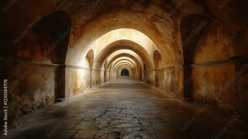 Fototapeta premium A long, narrow, dark tunnel with a light shining through it