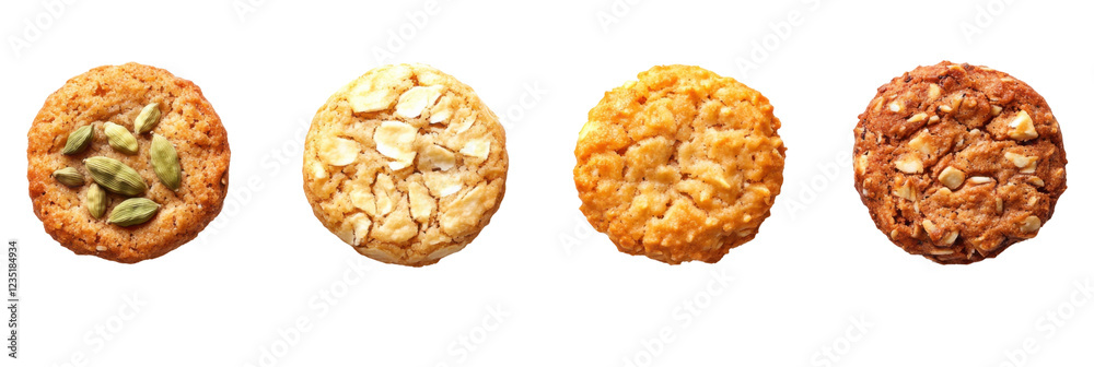 Assorted crunchy cookies with seeds and oats on transparent background png Assorted crunchy cookies with seeds and oats on transparent background png