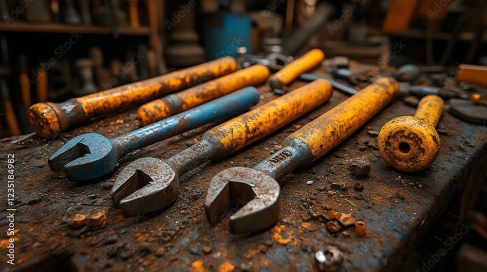 A group of tools are laid out on a table, including a wrench and a hammer A group of tools are laid out on a table, including a wrench and a hammer