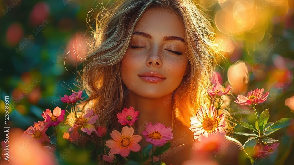 Golden Hour Beauty Surrounded By Blooming Flowers Golden Hour Beauty Surrounded By Blooming Flowers