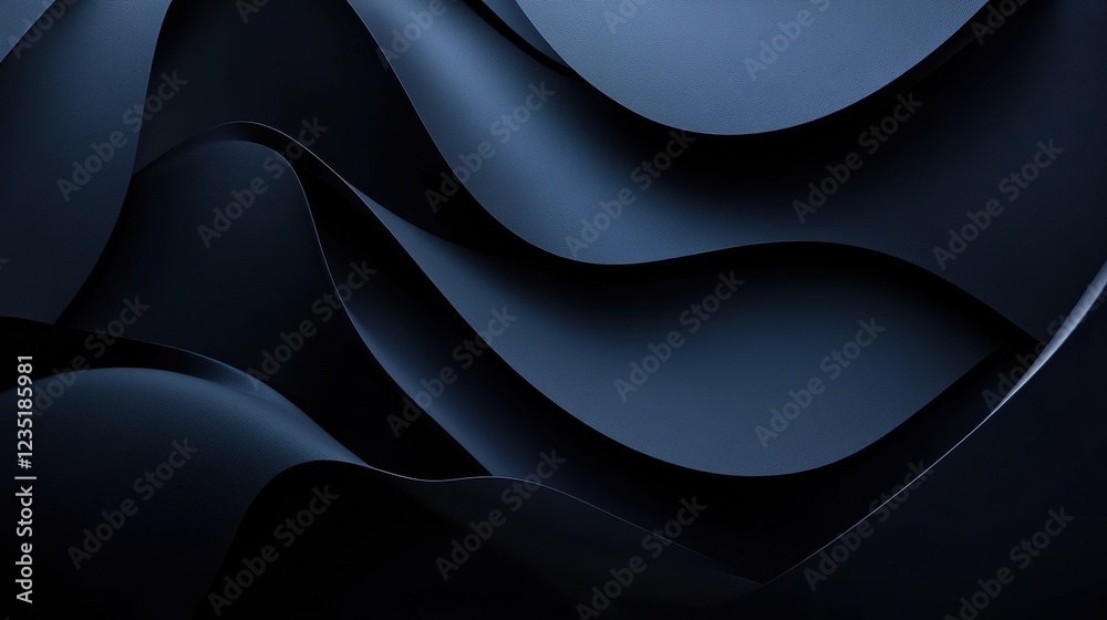 Fototapeta premium Abstract overlapping dark blue shapes with smooth gradients and shadows, leaving a blank central space for text or graphics 