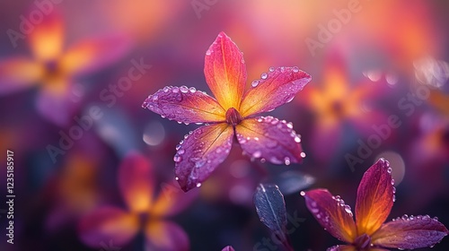 Dew-kissed flowers in vibrant sunset garden photo